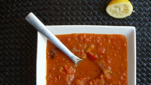 Roasted red pepper and artichoke soup