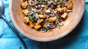 Farro with Roasted Sweet Potatoes, Kale and Pomegranate Seeds